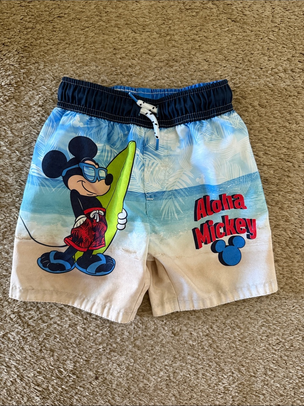 Disney Blue and Beige Aloha Mickey Kids Swim Trunks 4t